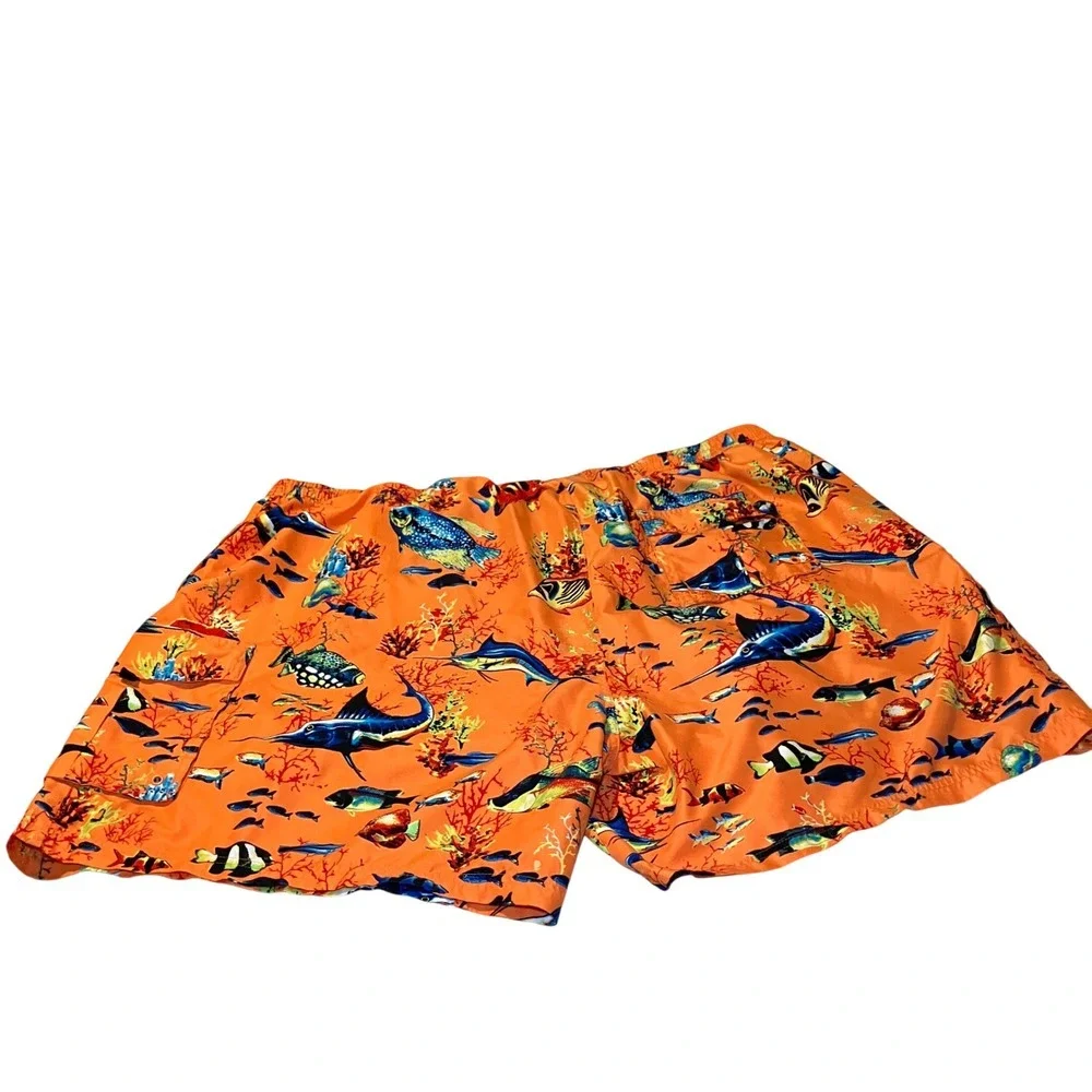Island Shores Mens 5XL Swim Trunks Orange Tropical Fish Coral Cargo Pockets